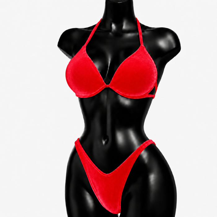 Neon Red Velvet IFBB Bikini Fitness Posing Suit - Red