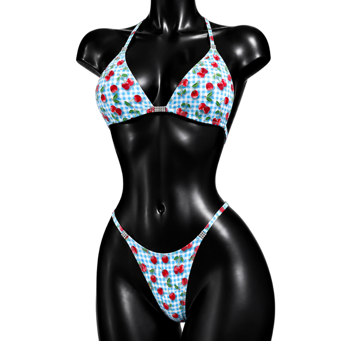 Cherry Gingham NPC Posing Bikini - Aqua/ Red
