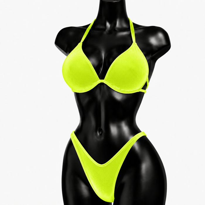 Neon Yellow Velvet IFBB Bikini Fitness Posing Suit - Yellow
