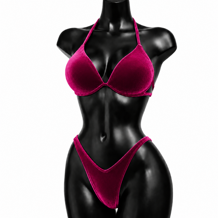 Cerise Velvet IFBB Bikini Fitness Posing Suit - Red/ Pink