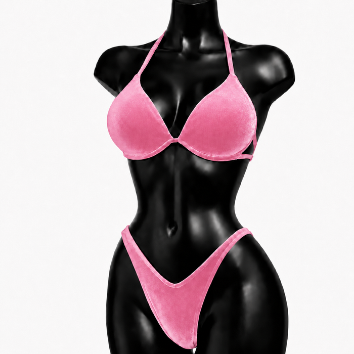 Baby Pink Velvet IFBB Bikini Fitness Posing Suit - Pink